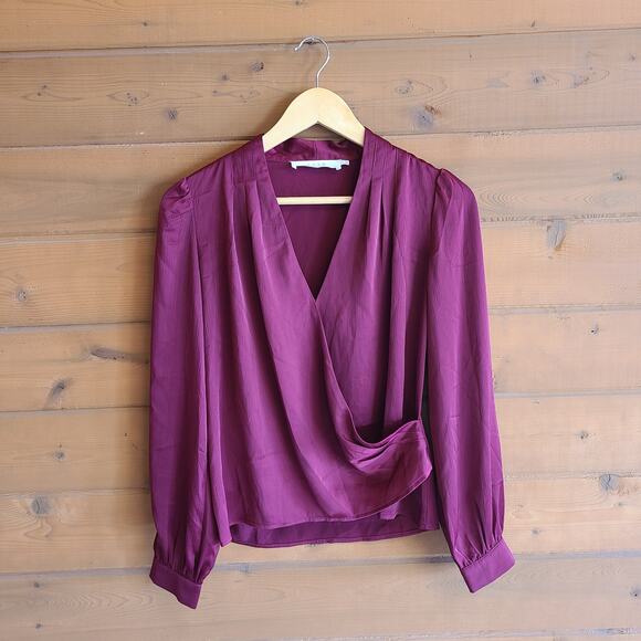 ASTR The Label Burgundy Surplice Wrap Front Long Sleeve Nneck Blouse Small - Picture 1 of 5